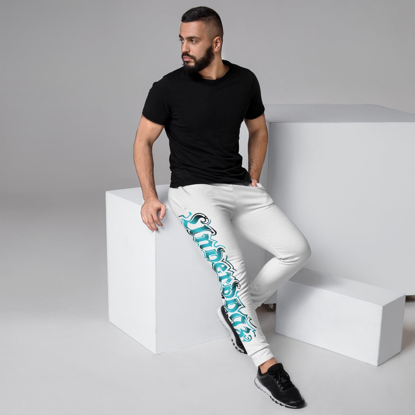 Herren-Jogginghose weiß- Logo Türkis