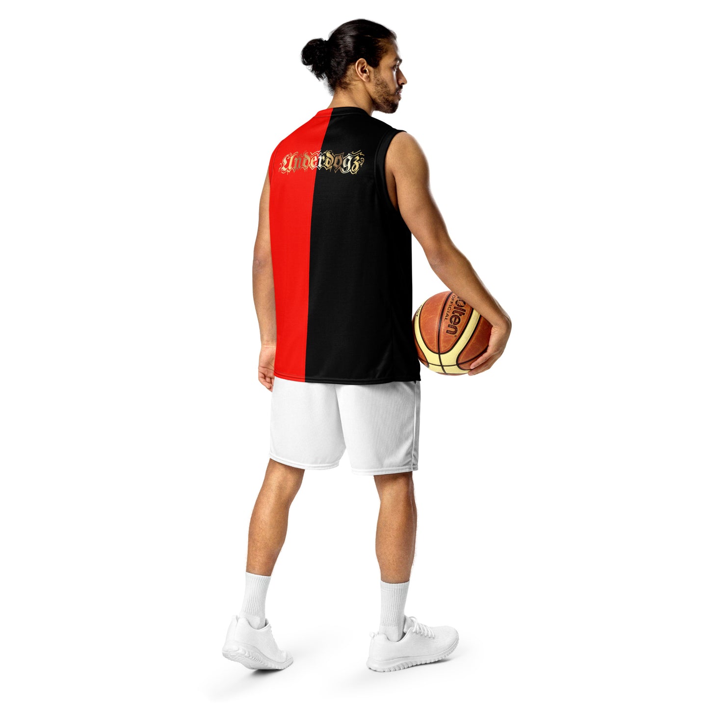 Recyceltes Unisex-Basketballtrikot 2farbig Gold (Schwarz-Rot-Gold)