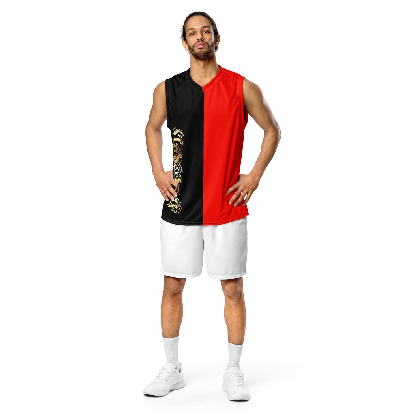 Recyceltes Unisex-Basketballtrikot 2farbig Gold (Schwarz-Rot-Gold)