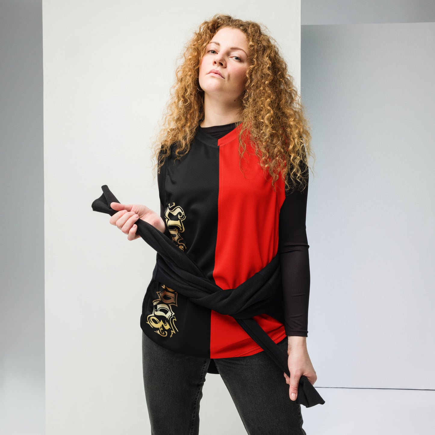 Recyceltes Unisex-Basketballtrikot 2farbig Gold (Schwarz-Rot-Gold)