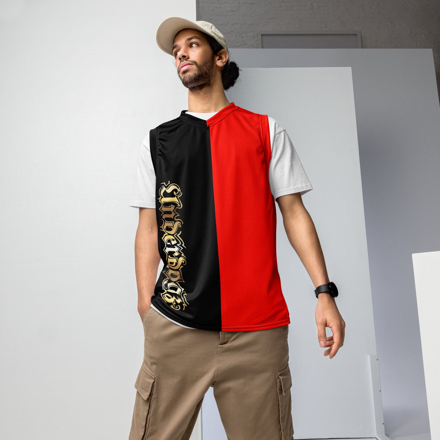 Recyceltes Unisex-Basketballtrikot 2farbig Gold (Schwarz-Rot-Gold)