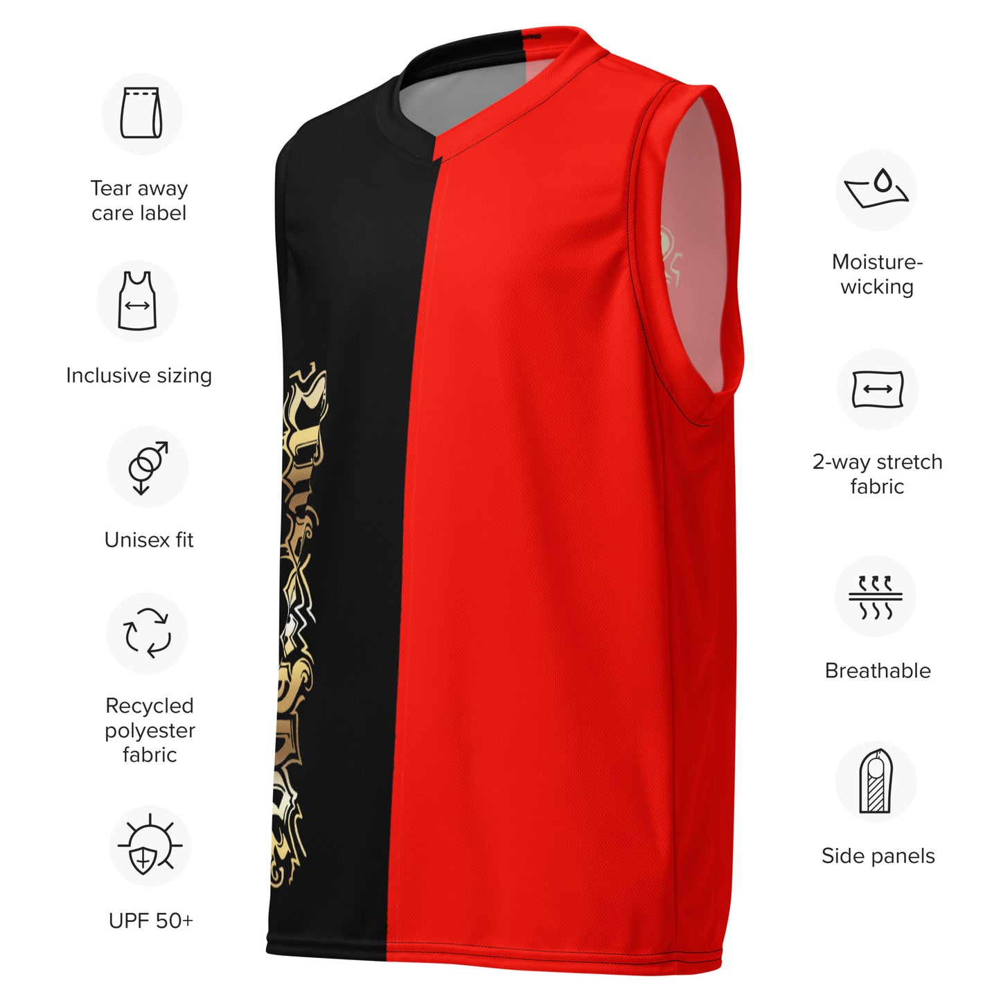 Recyceltes Unisex-Basketballtrikot 2farbig Gold (Schwarz-Rot-Gold)