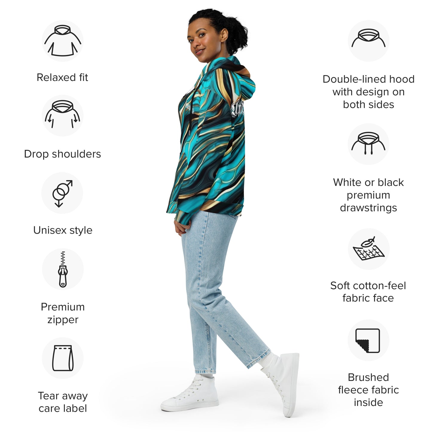 Zip-Hoodie Türkis-Gold Marble für Damen und Herren