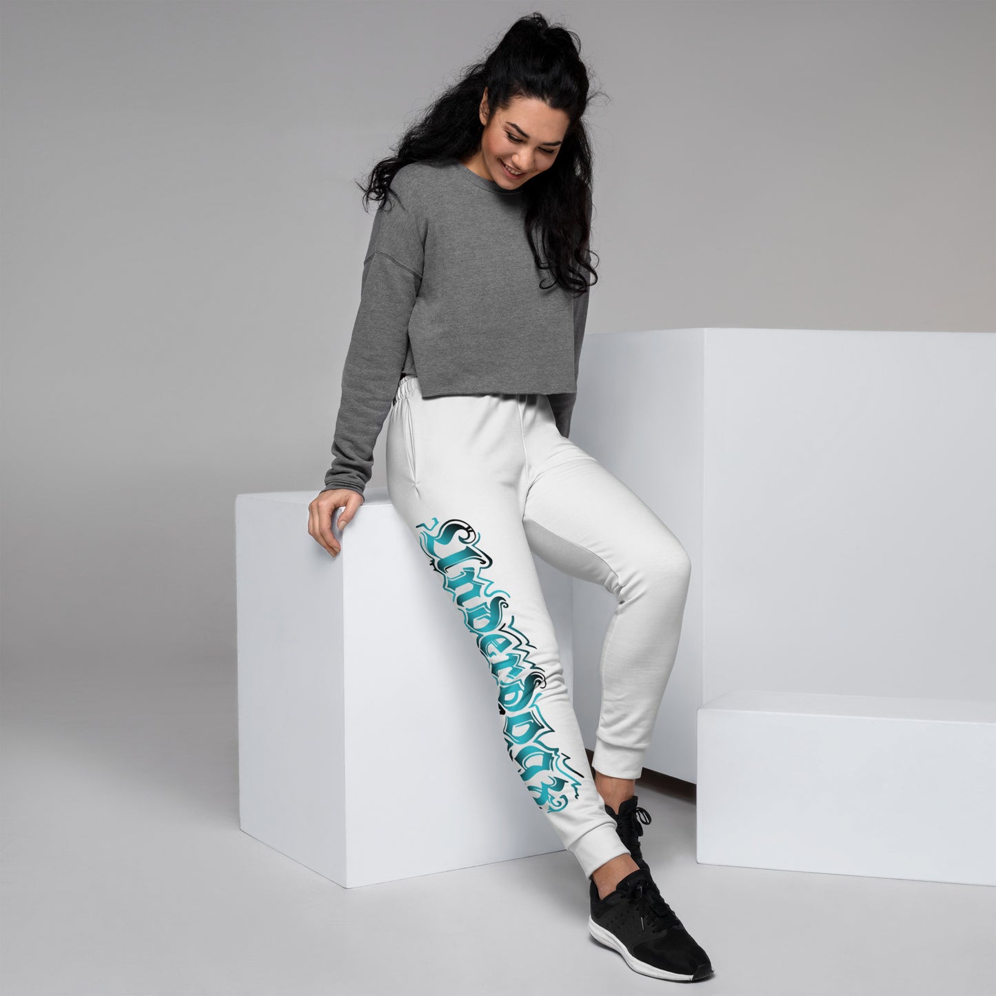 Damen-Jogginghose weiß- Logo Türkis