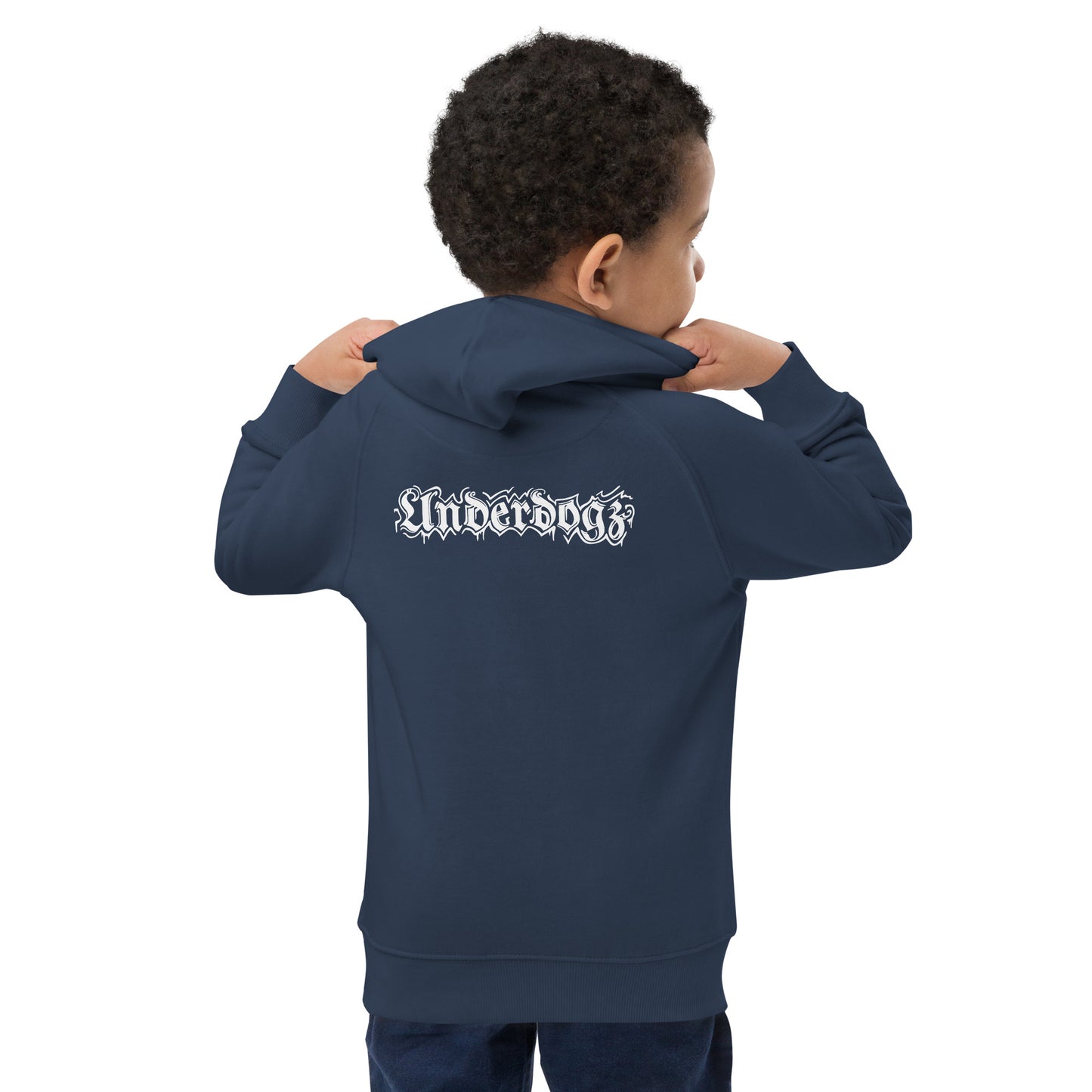 Öko-Kapuzenpullover für Kinder Navy Logo Weiß