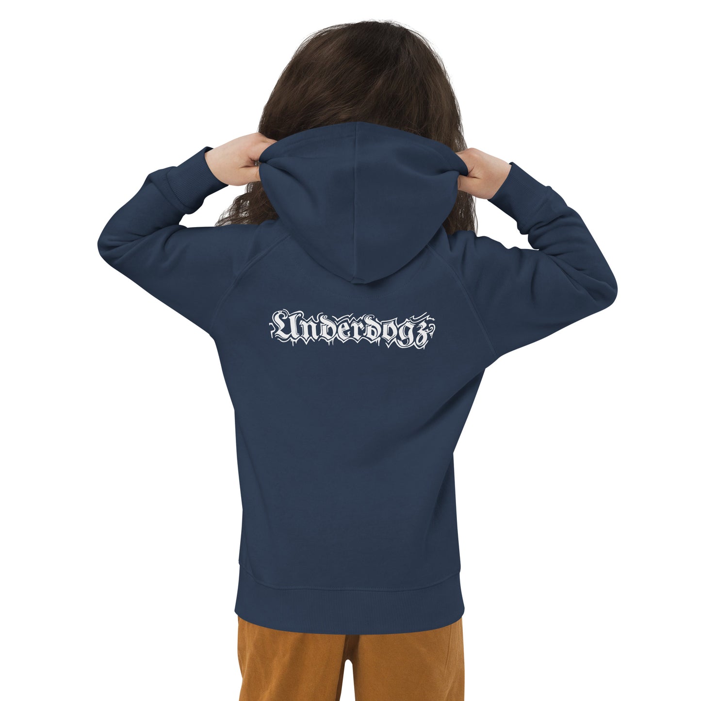 Öko-Kapuzenpullover für Kinder Navy Logo Weiß