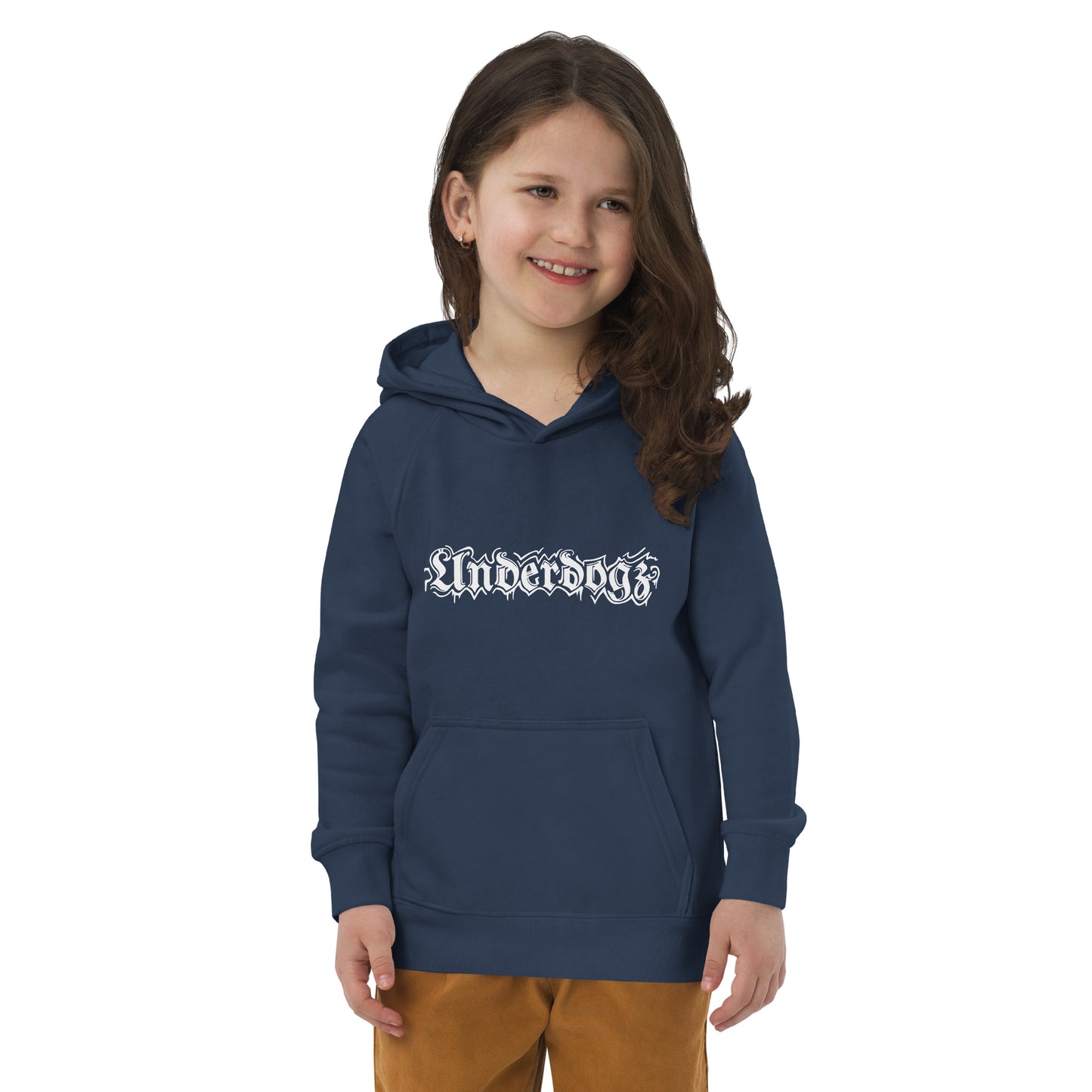 Öko-Kapuzenpullover für Kinder Navy Logo Weiß