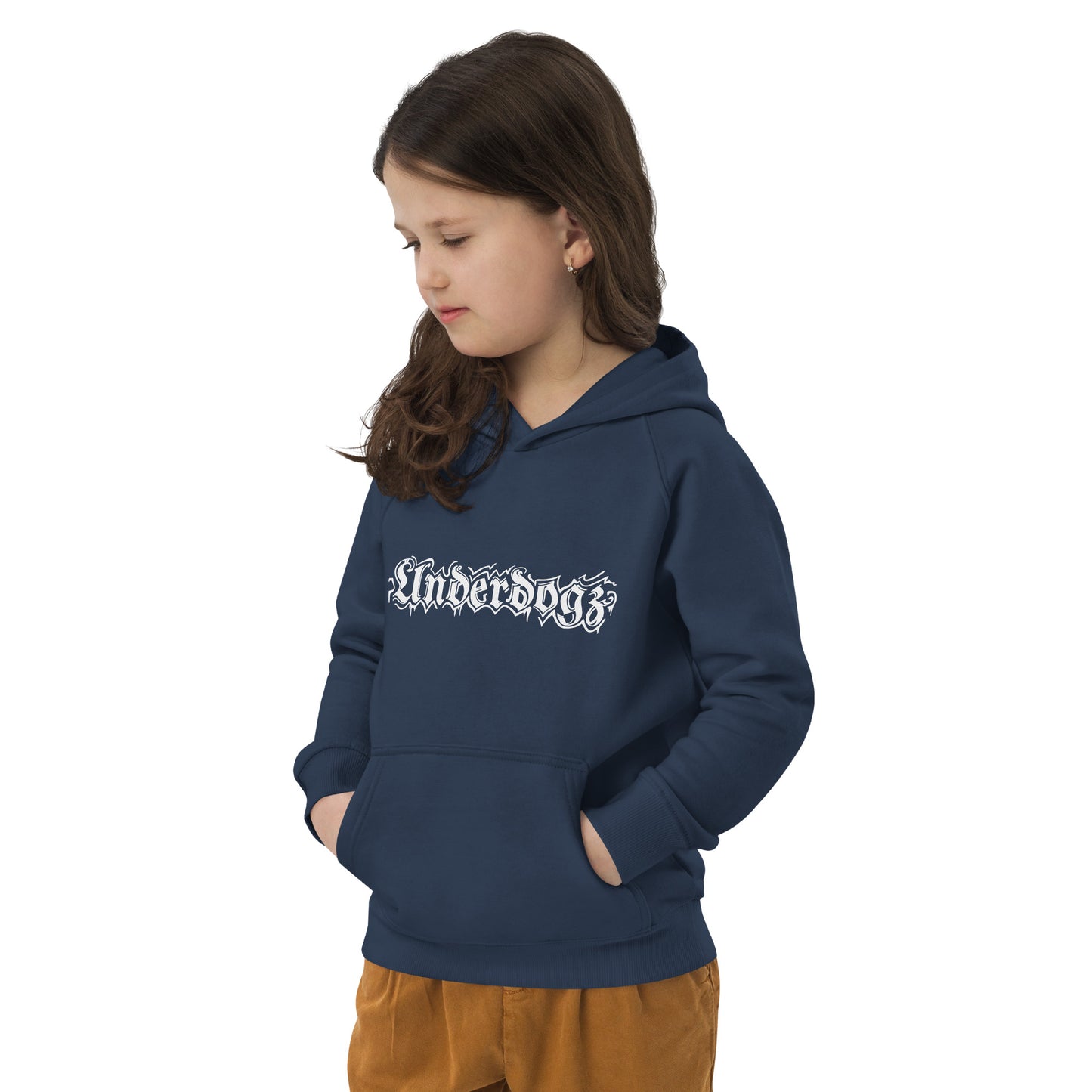 Öko-Kapuzenpullover für Kinder Navy Logo Weiß