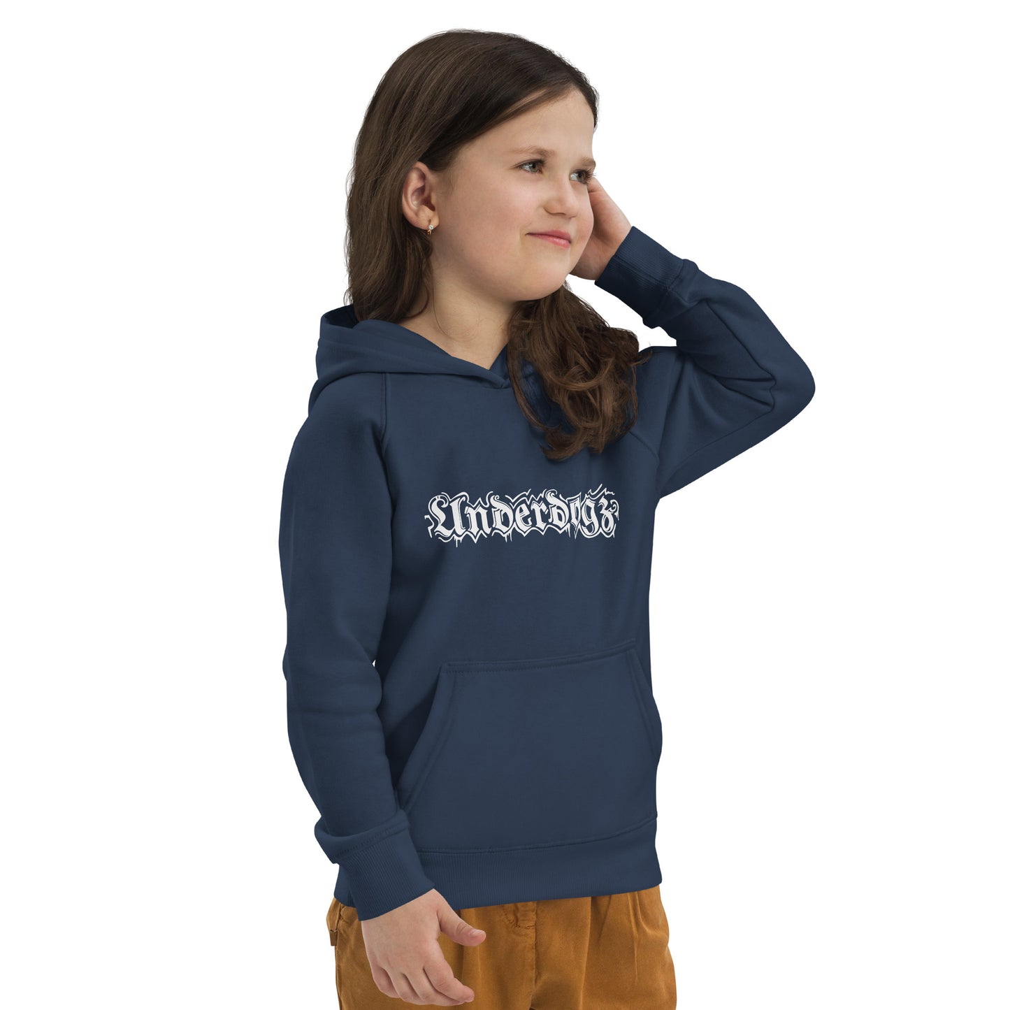 Öko-Kapuzenpullover für Kinder Navy Logo Weiß