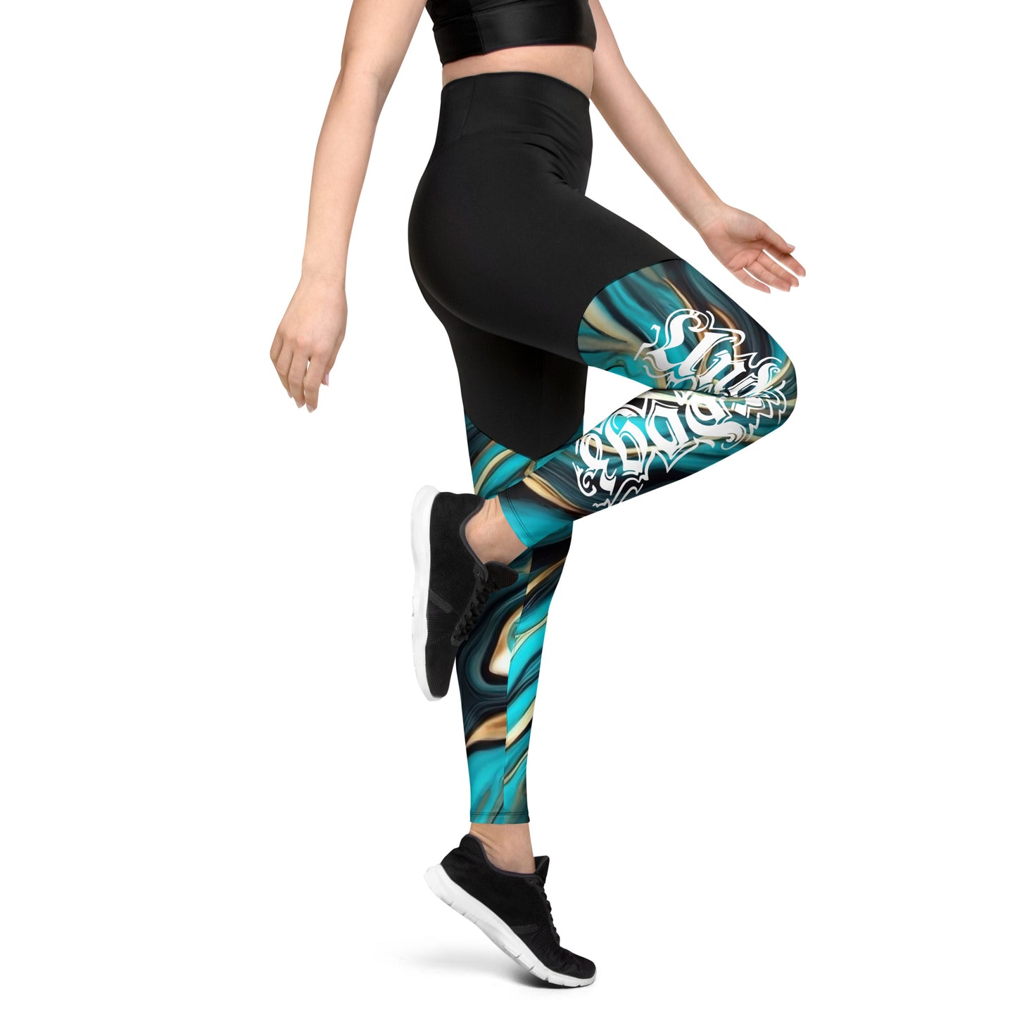 Sport-Leggings Türkis-Gold Marble Look, mit Handytasche
