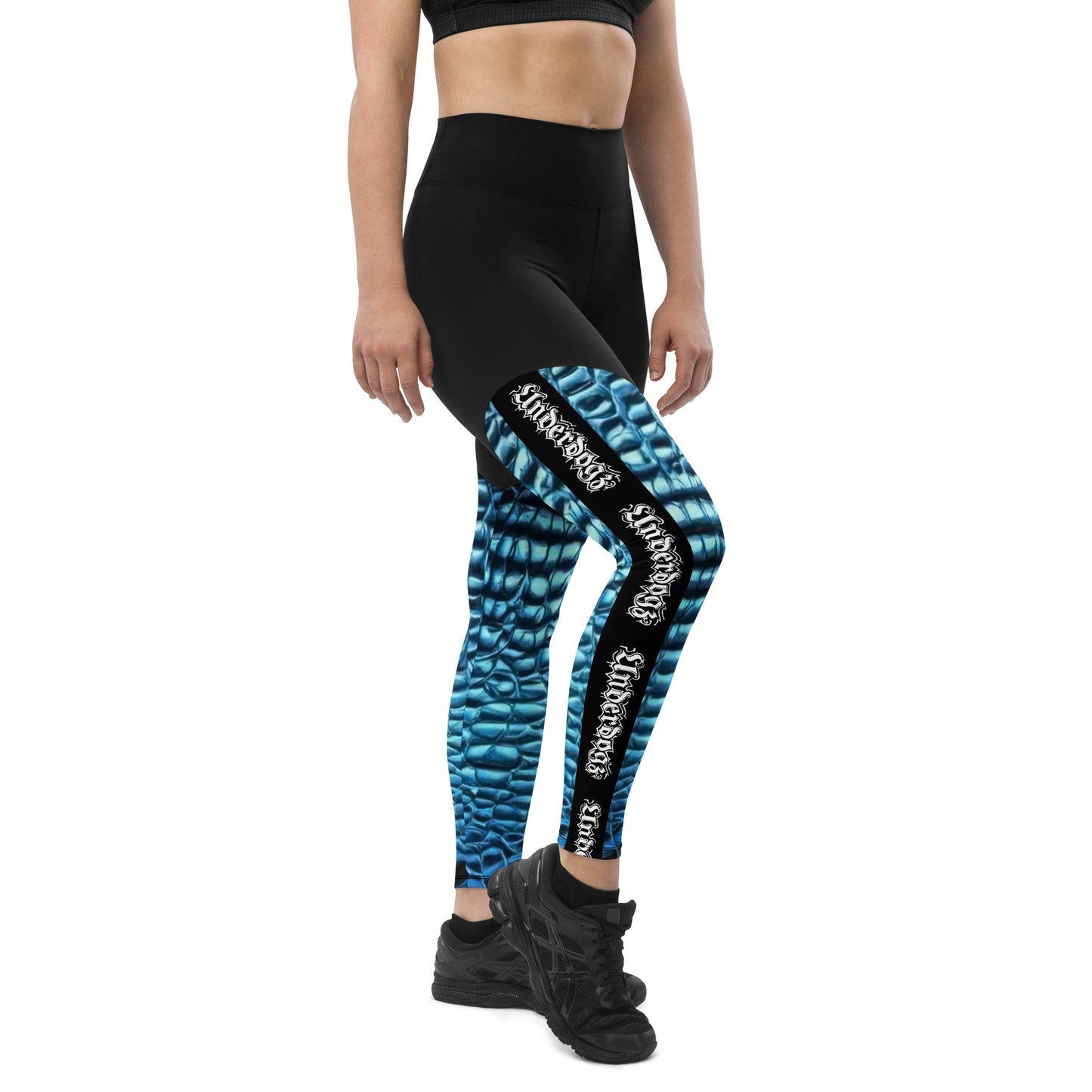 Sport-Leggings Snake Metallic Blau mit Handytasche