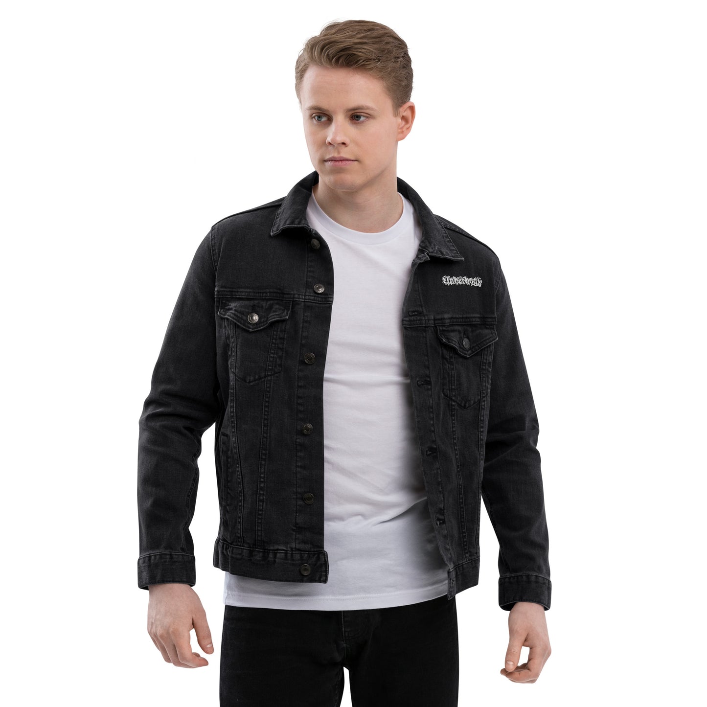 Unisex Jeansjacke in schwarz mit Logostickerei