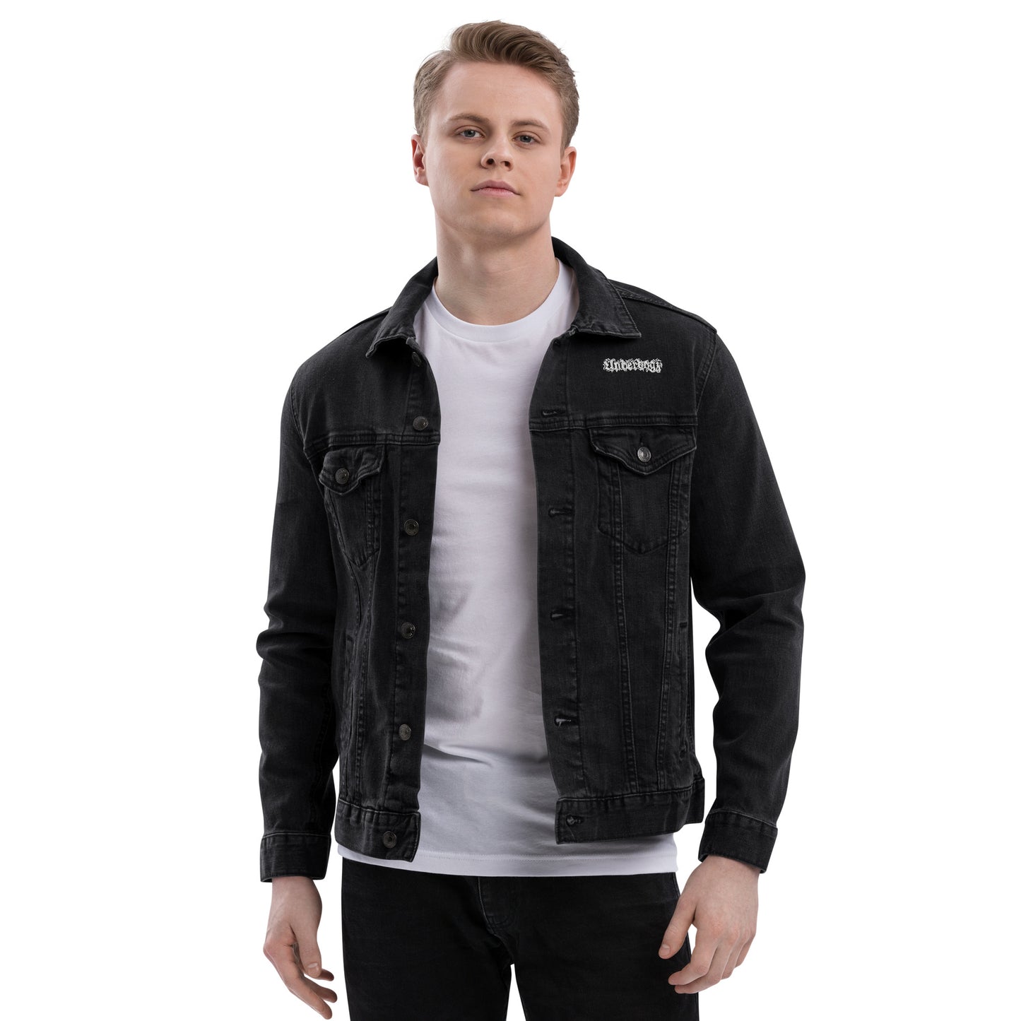 Unisex Jeansjacke in schwarz mit Logostickerei