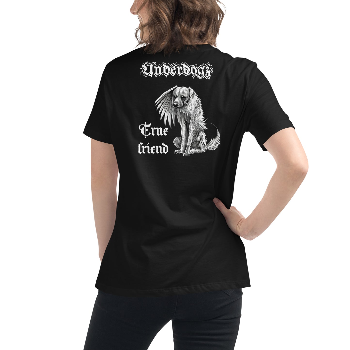 Lockeres Damen-T-Shirt „Winged Dog“ -Gold