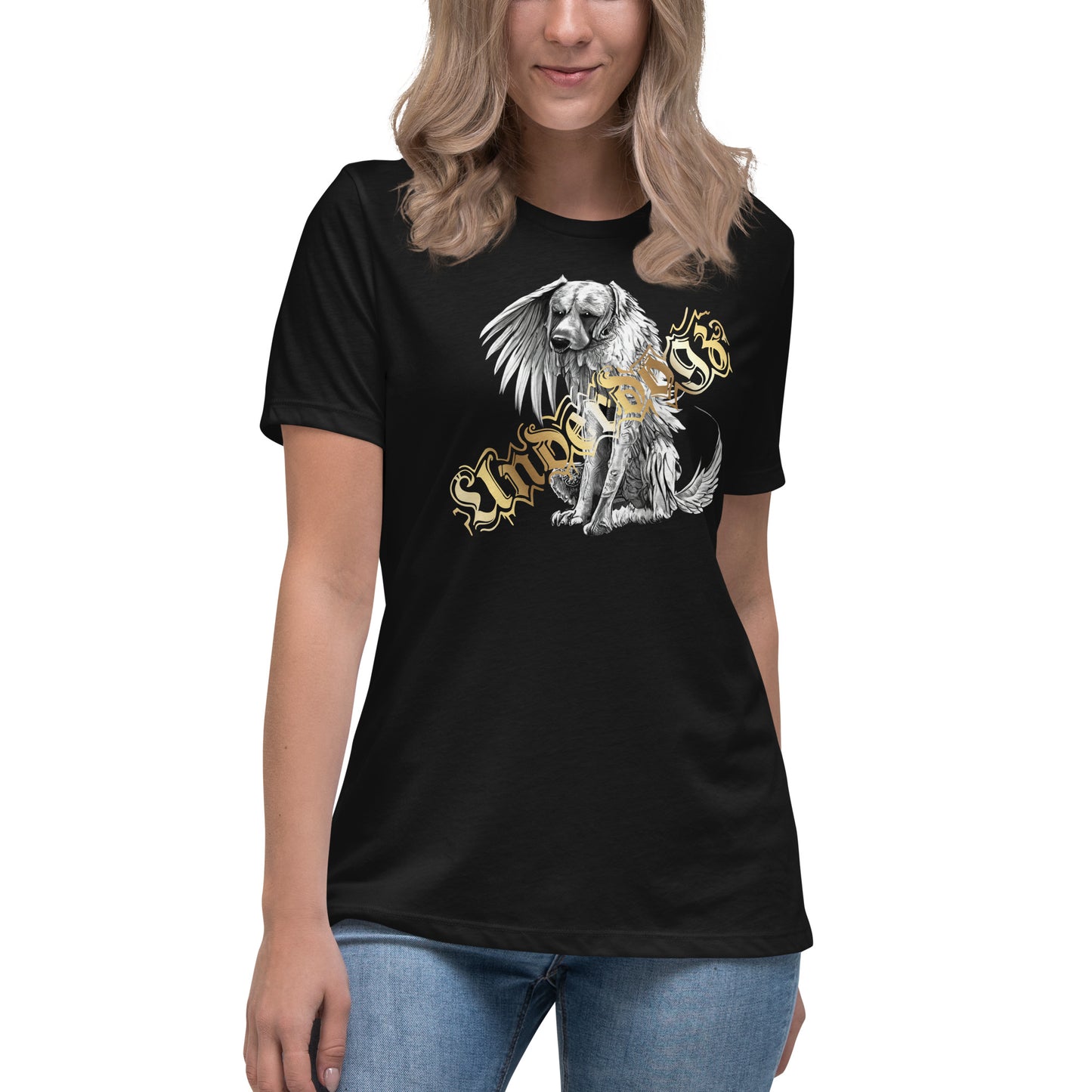 Lockeres Damen-T-Shirt „Winged Dog“ -Gold