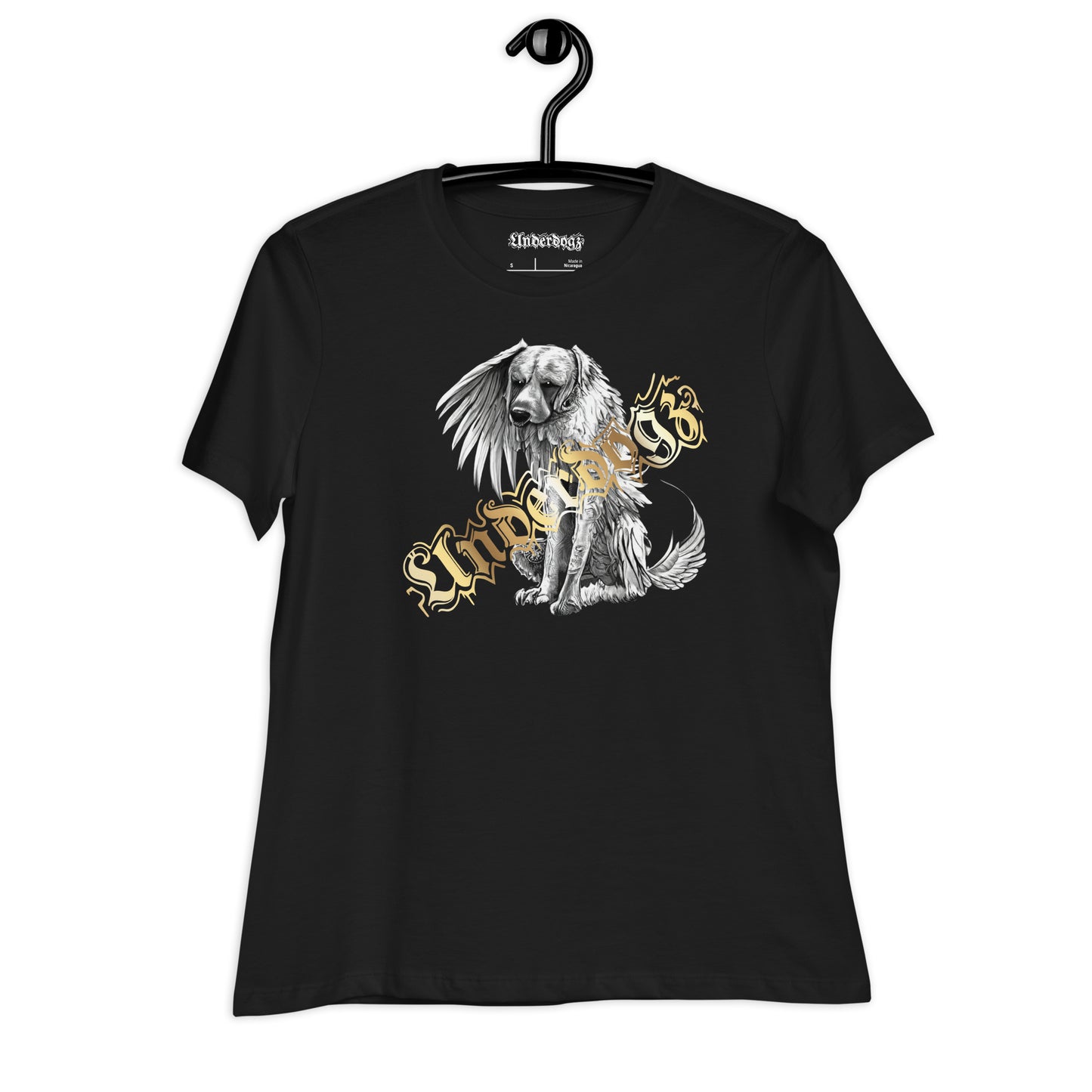 Lockeres Damen-T-Shirt „Winged Dog“ -Gold