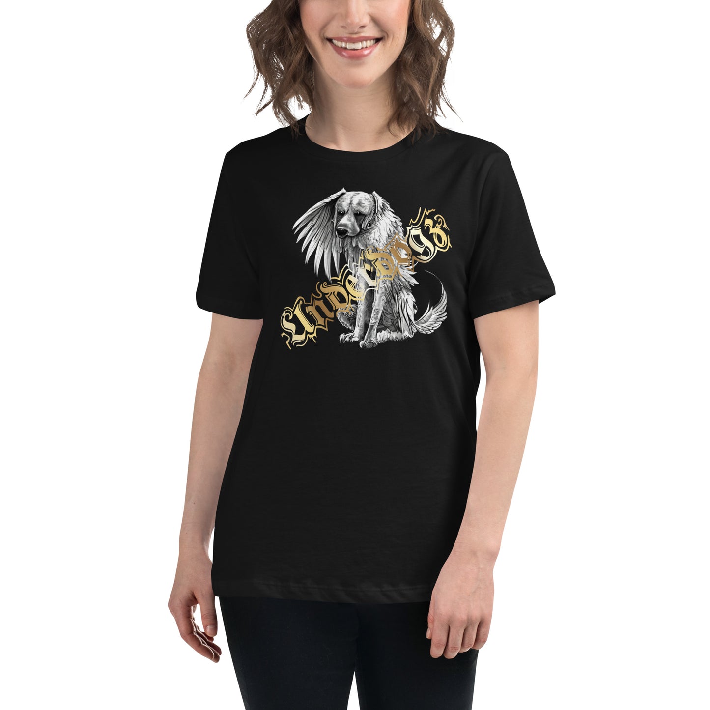 Lockeres Damen-T-Shirt „Winged Dog“ -Gold