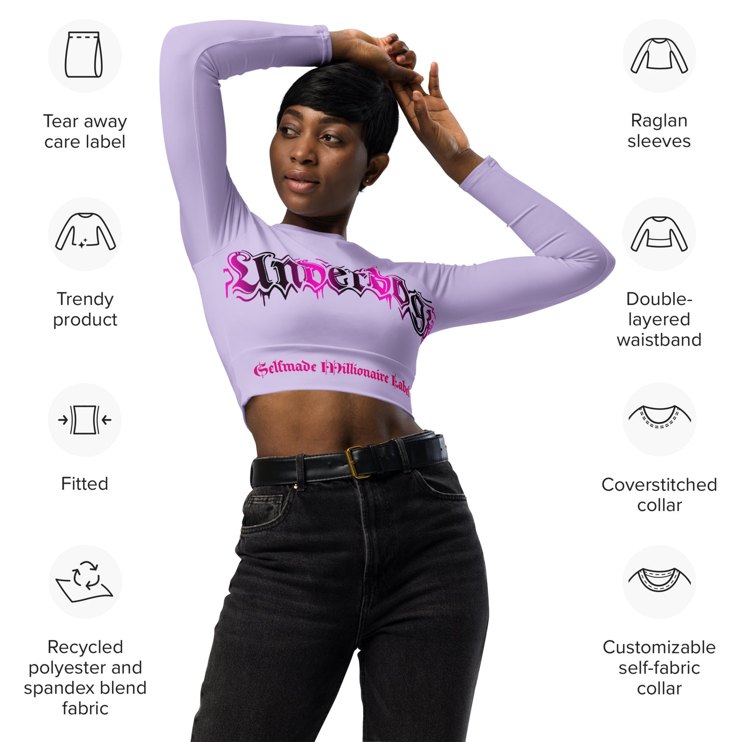 Langarm Crop Top lila Logo Pink
