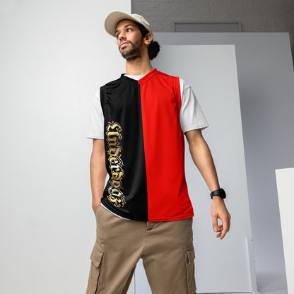 Recyceltes Unisex-Basketballtrikot 2farbig Gold (Schwarz-Rot-Gold)