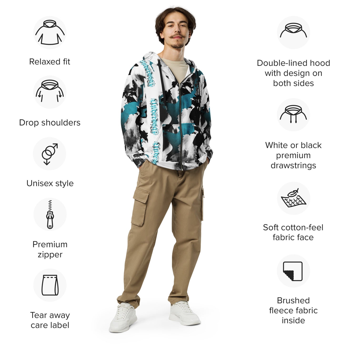 Unisex Sweatjacke Türkis Marmor-Look
