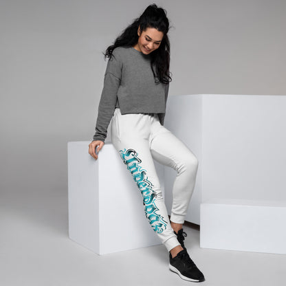 Damen-Jogginghose weiß- Logo Türkis