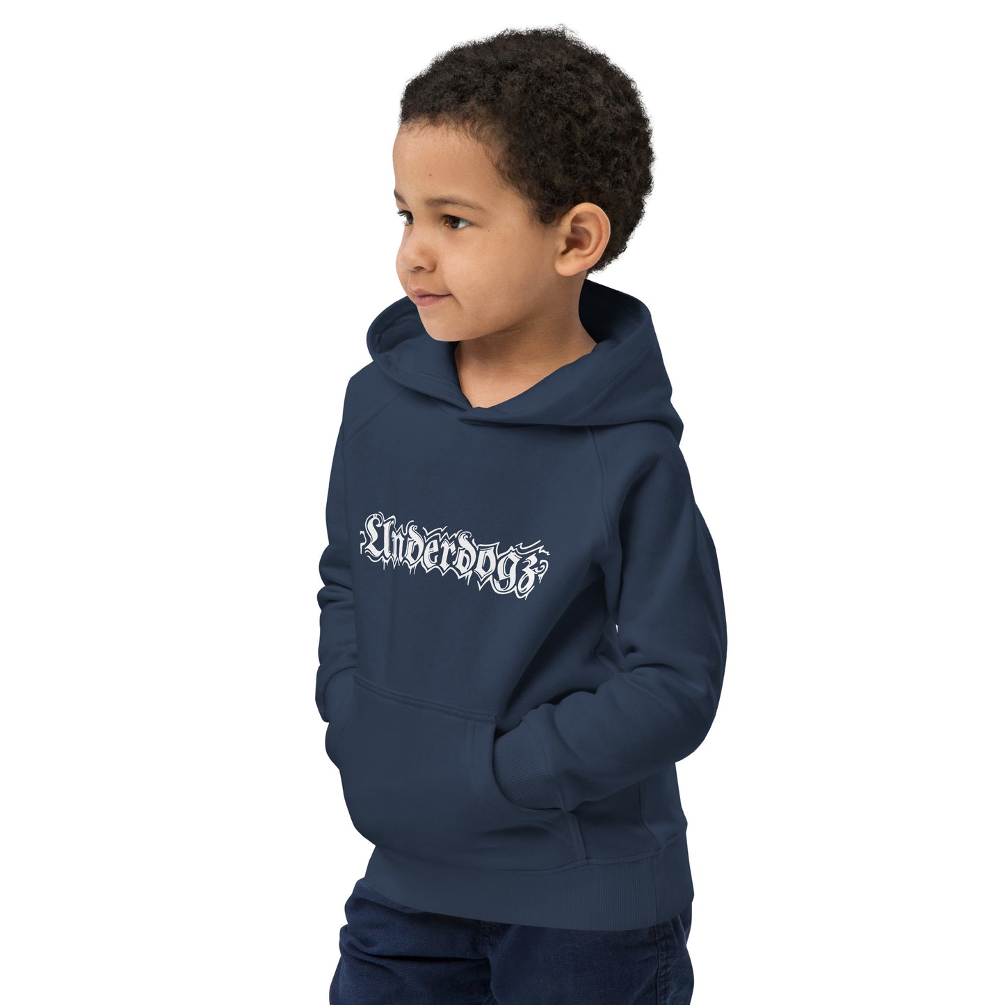 Öko-Kapuzenpullover für Kinder Navy Logo Weiß