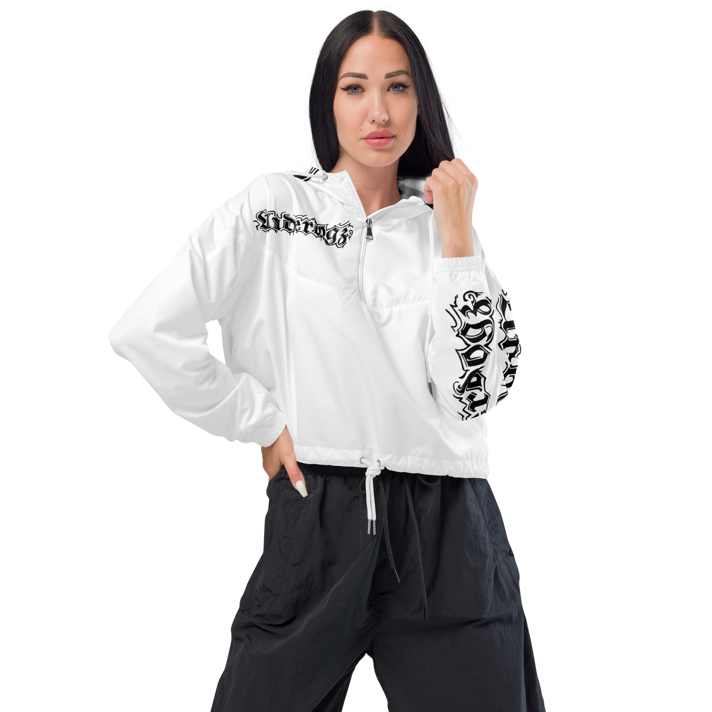 Damen-Windbreaker Cropped Logo schwarz-weiß